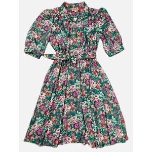Vintage California LOOK Floral Dress Made USA‎ Green Purple Belted Midi
